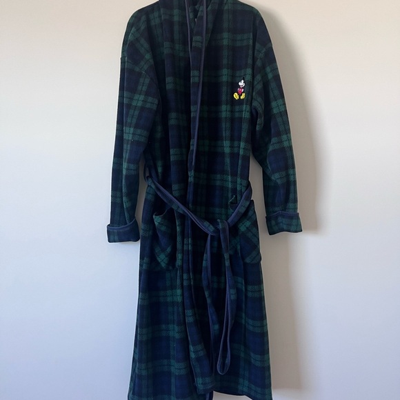 The Disney Stores Mickey Mouse Blue Green Plaid House Bath Robe Fleece L  XL - Picture 1 of 9